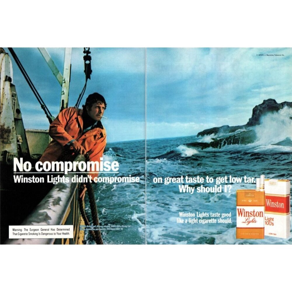 1980 Winston Lights Cigarettes 2pg Vintage Print Ad Fisherman Trawler Wall Art
